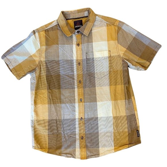 PrAna Brighton Shirt Mens Medium Shirt Sleeve Button Down Yellow Plaid - Picture 1 of 8
